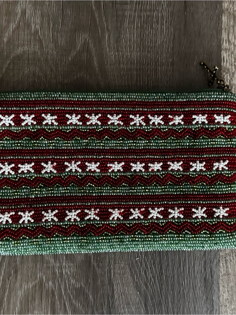 Beaded Holiday Stripe Clutch - Green, Red & White